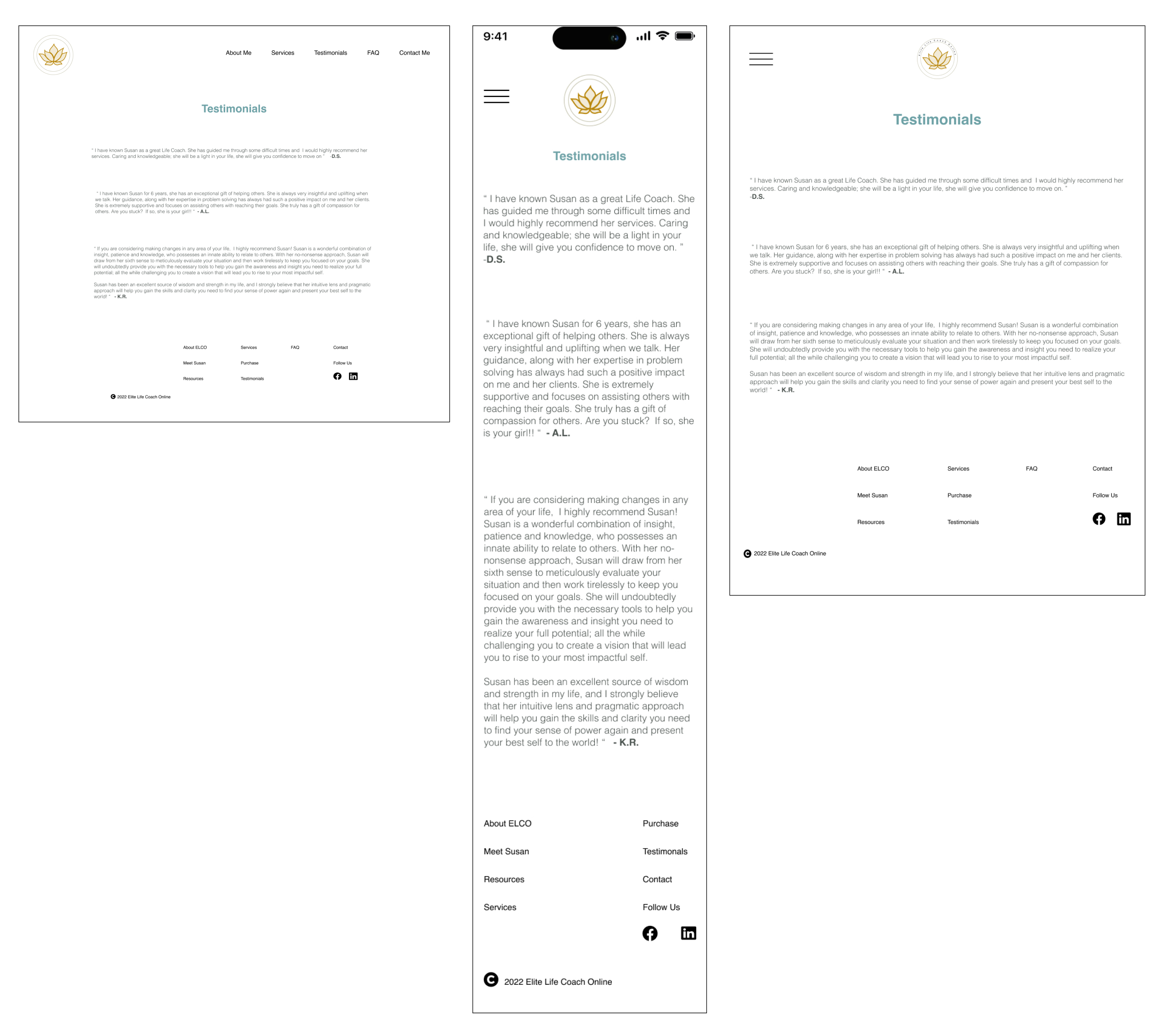 Testimonials hi-fi on desktop mobile, and tablet
